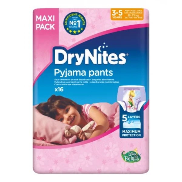 Huggies DryNites Pants Maxi for Girls, 3-5 Years, 16-23 Kg,16 Pieces, Disney Fairies Design