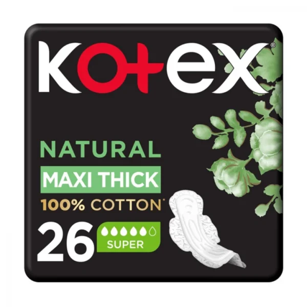 Kotex Natural Maxi Thick Super Pads with Wings,26 Pads, Nighttime Protection, Cotton Soft, Breathable Top Layer, Extra Wide Back,100% Comfort