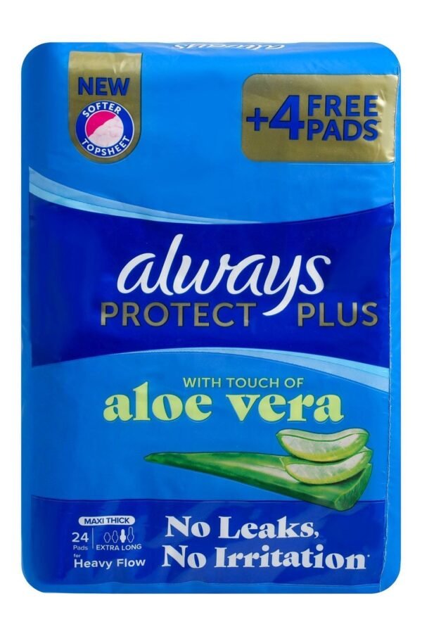 Always Protect Plus Maxi Thick Extra Long Pads Aloe Vera Scent with Wings, 24 Pieces