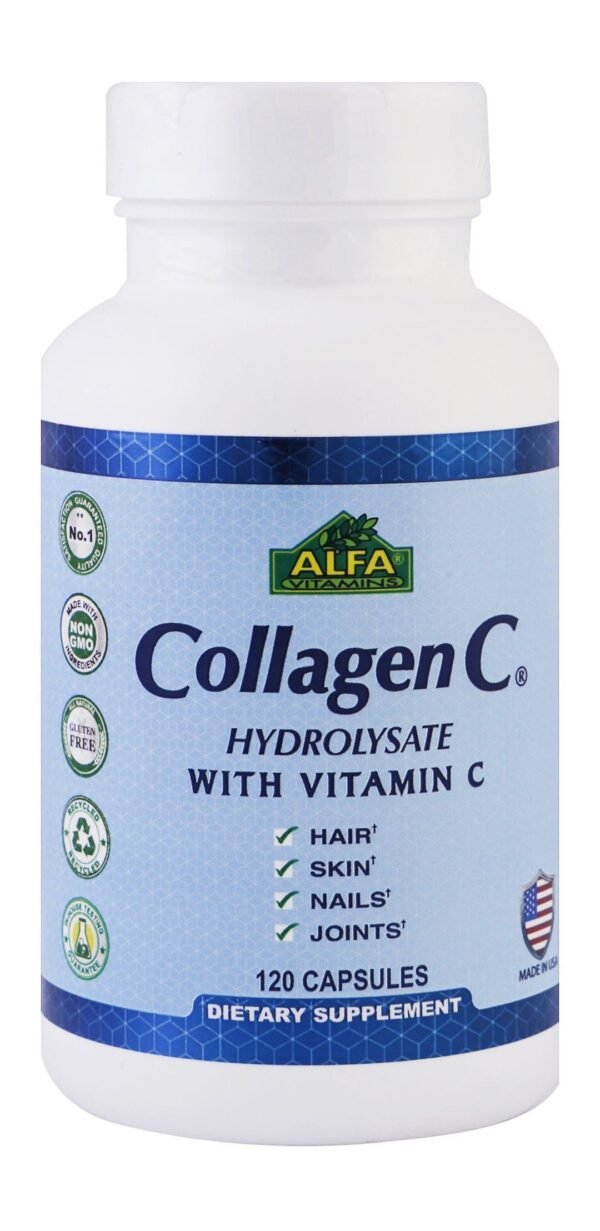Alfa Vitamins Collagen C & Hydrolysate Hair, Skin, Nail & Joints Support Supplement with Vitamin C, 120 Capsules