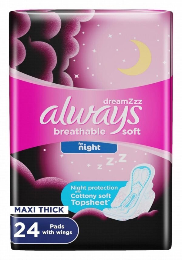 Always DreamZzz Cotton Soft Maxi Thick Night Pads with Wings, 24 Pieces