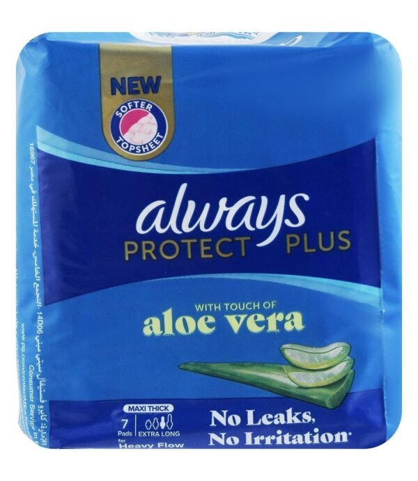 Always Protect Plus Maxi Thick Extra Long Pads Aloe Vera Scent with Wings, 7 Pieces