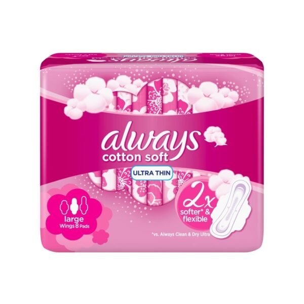 Always Cotton Soft Large Ultra Thin Pads with Wings, 8 Pieces