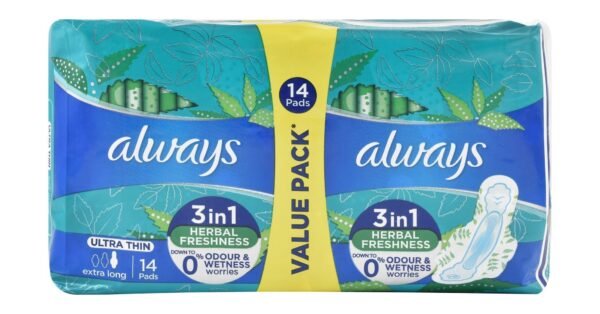 Always 3-In-1 Herbal Freshness Ultra Thin Extra Long Pads with Wings, 14 Pieces