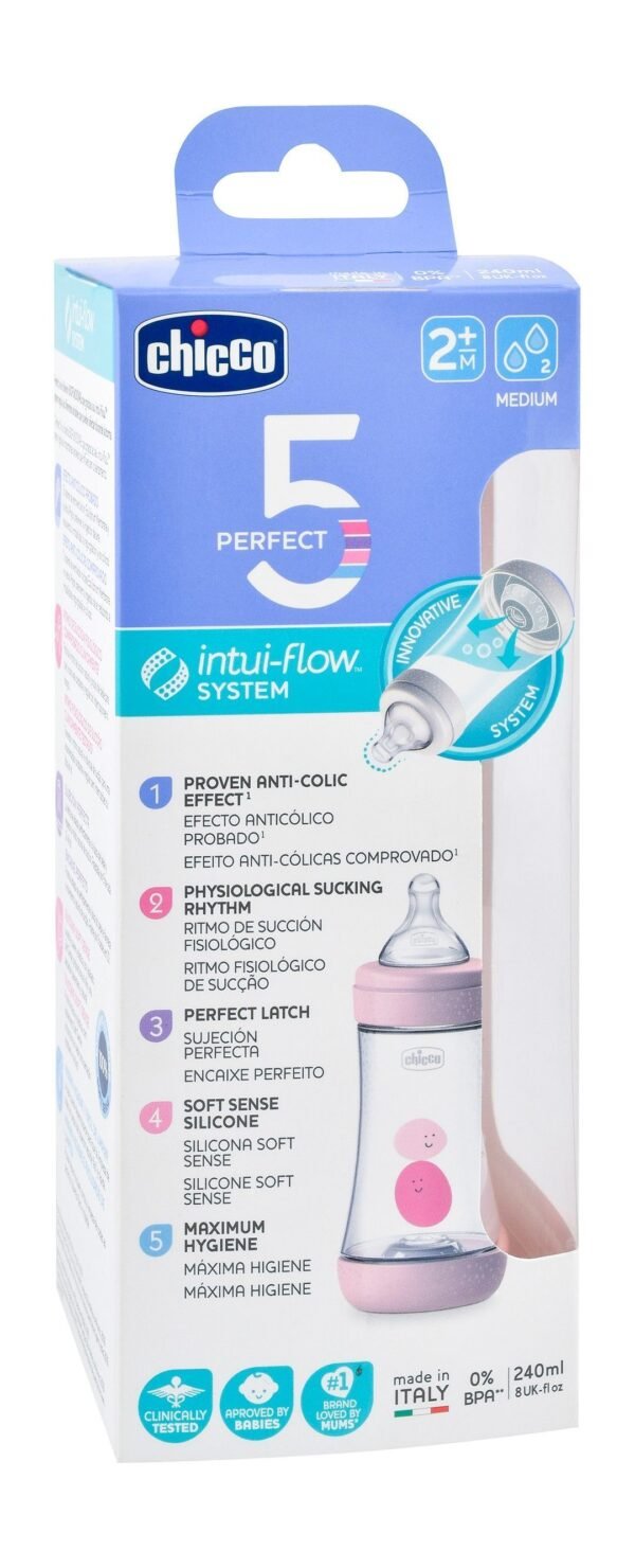 Chicco Perfect 5 Intui-Flow Pink 240ml Anti-Colic Medium Flow Nursing Bottle (2+ Months), 1 Piece