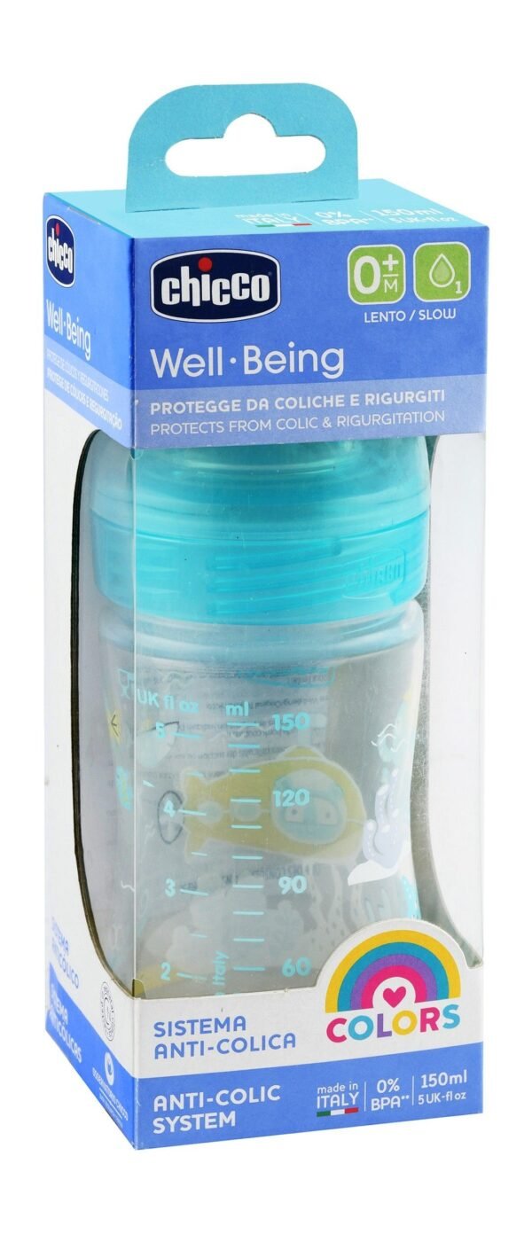 Chicco Well Being Light Blue 150ml Anti-Colic Slow Flow Nursing Bottle (0+ Months), 1 Piece