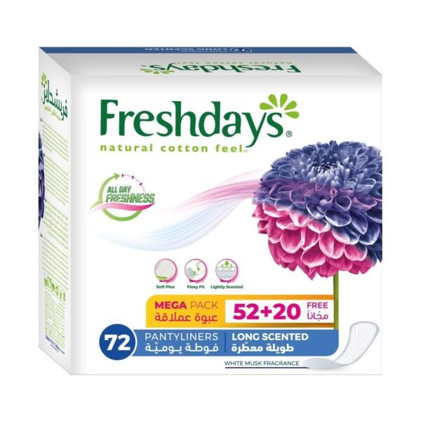 Freshdays Natural Cotton Feel Long Scented Daily Pantyliners, 72 Pantyliners Mega Pack