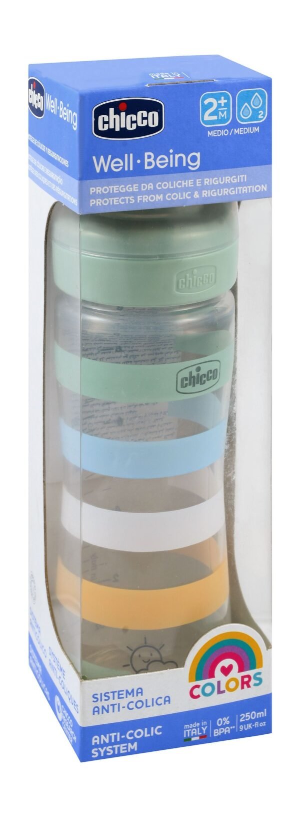 Chicco Well-Being Boy Baby Normal Flow Bottle - Green, 2m+, 250ml