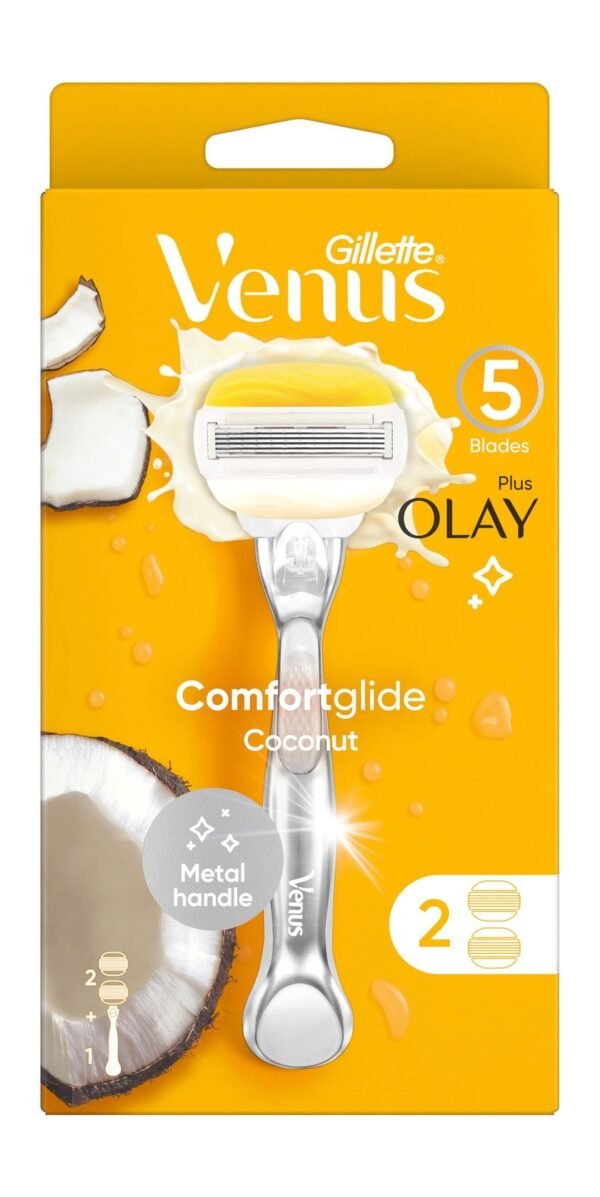 Gillette Venus and Olay Plus Comfortglide Coconut Women's Razor with Metal Handle, 5 Blades, 2 Razor