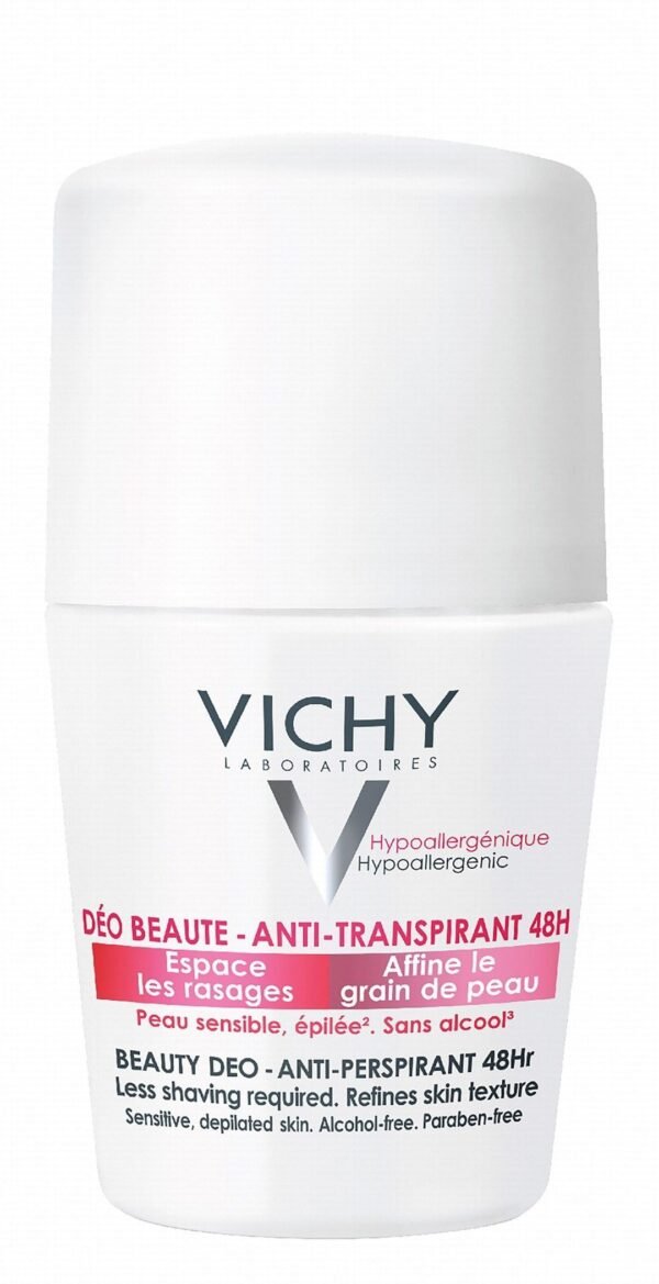 Vichy Beauty Hypoallergenic Antiperspirant 48H Roll-On Deodorant for Sensitive & Depilated Skin, 50ml