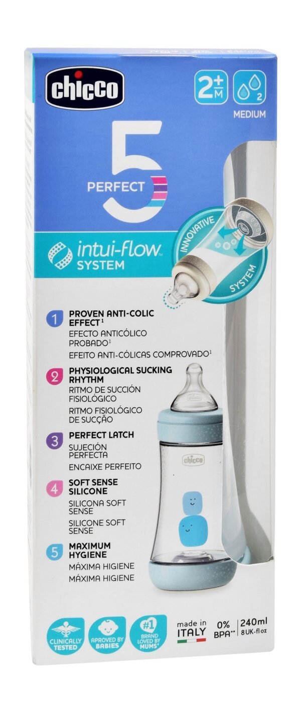 Chicco Perfect 5 Intui-Flow Blue 240ml Anti-Colic Medium Flow Nursing Bottle (2+ Months) , 1 Piece