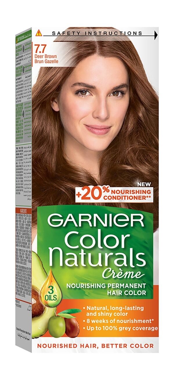 Garnier Color Naturals Nourishing Permanent Hair Dye Cream with Shea Butter, Avocado & Olive Oils Deer Brown 7.7, 1 Pack