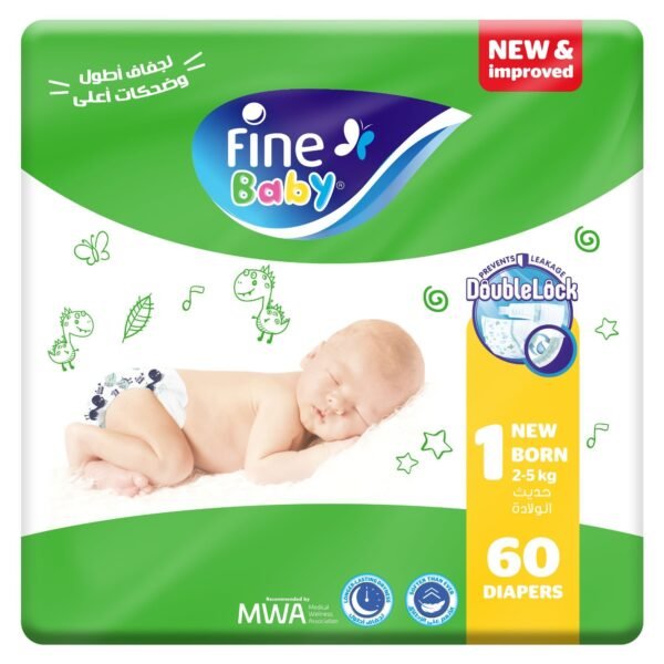 Fine Baby Diapers Size 1, New Born (2-5kg) Double Lock, Pack 60 Diaper