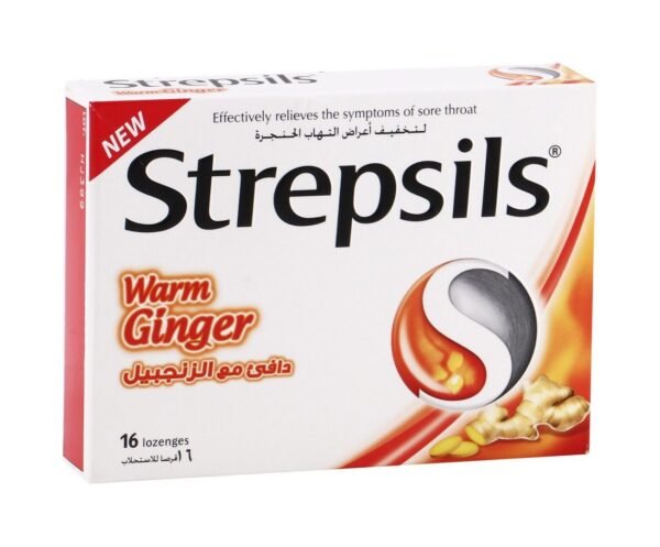 Strepsils Lozenges Warm Ginger Flavor for Sore Throat, 16 Pieces