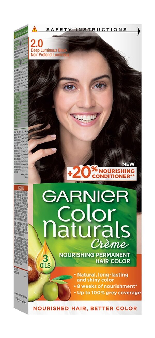 Garnier Color Naturals Nourishing Permanent Hair Dye Cream with 3 Oils Deep Luminous Black 2, 1 Pack