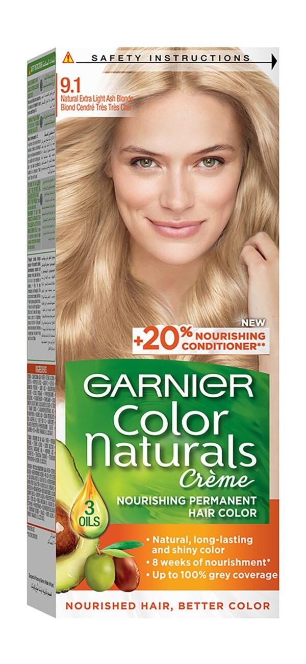 Garnier Color Naturals Nourishing Permanent Hair Dye Cream with 3 Oils Natural Extra Light Ash Blonde 9.1, 1 Pack