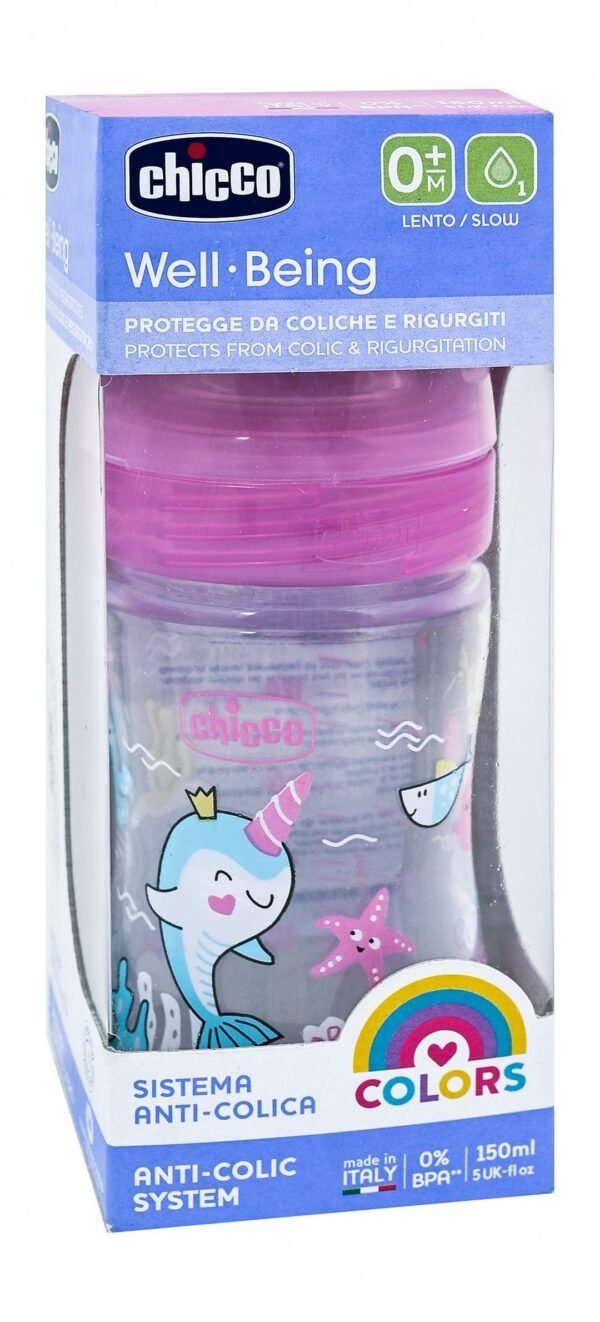 Chicco Well-Being Pink Slow Flow 150ml Anti-Colic Plastic Nursing Bottle (0+ Months), 1 Piece