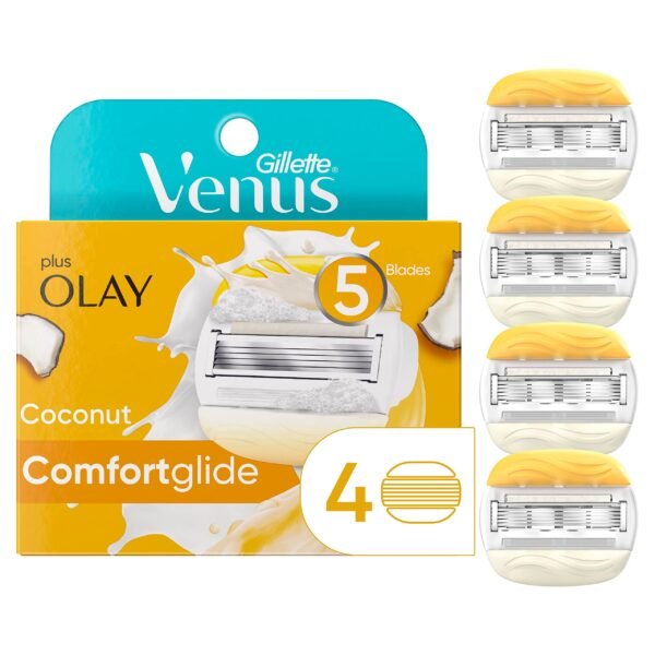 Gillette Venus Plus Olay Comfortglide 5 Blade Cartridges with Coconut Extract, 4 Pieces