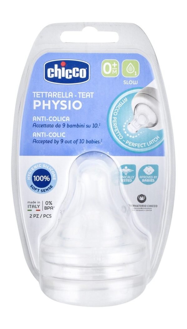 Chicco Physio Anti-Colic Slow Flow Silicone Bottle Nipple (0+ Months), 2 Pieces