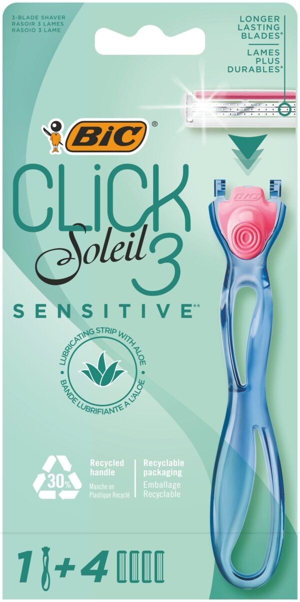 BIC Click 3 Soleil Sensitive Refillable Women's Shaver Handle, 1 Pieces + Blade Refills, 4 Pieces