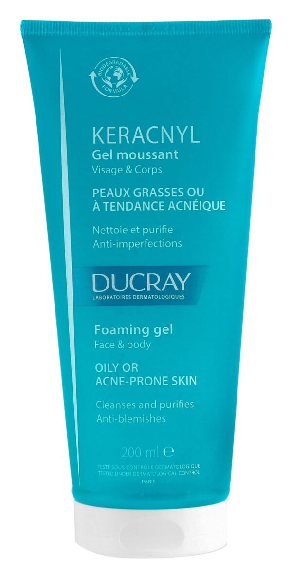 Ducray Keracnyl Cleansing, Purifying & Anti-Blemish Face & Body Gel for Oily & Acne-Prone Skin, 200ml