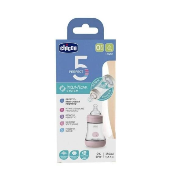 Chicco 5 Perfect Intui-Flow System Bottle Slow Flow, 150 ml Pink
