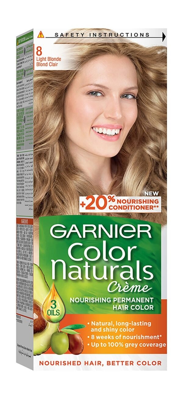 Garnier Color Naturals Nourishing Permanent Hair Dye Cream with 3 Oils Light Blonde 8, 1 Pack