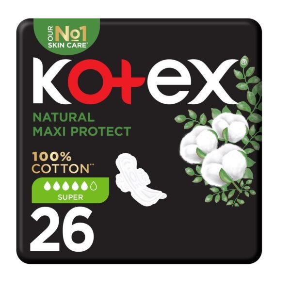 Kotex 100% Cotton Natural Maxi Super Sanitary Pads, 26 Pieces