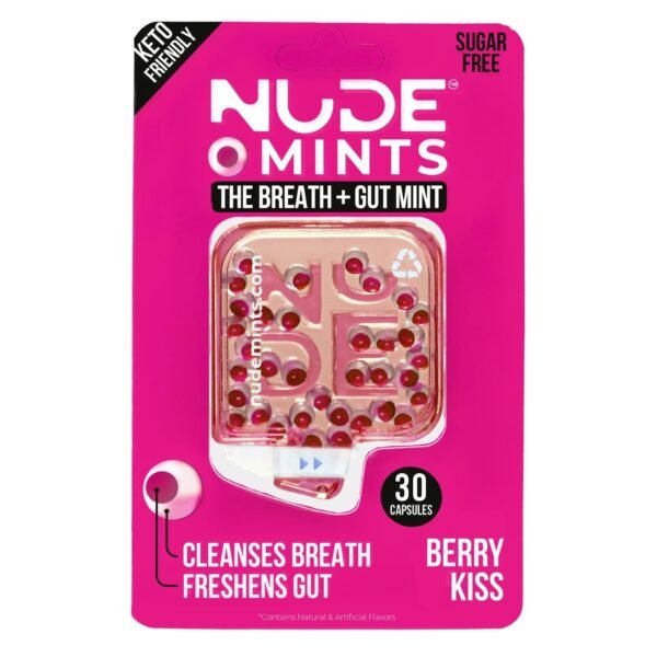 Nude Mints Keto Friendly The Breath + Gut Mints Berry Kiss Flavor - sugar free, gluten free, 30 Capsules