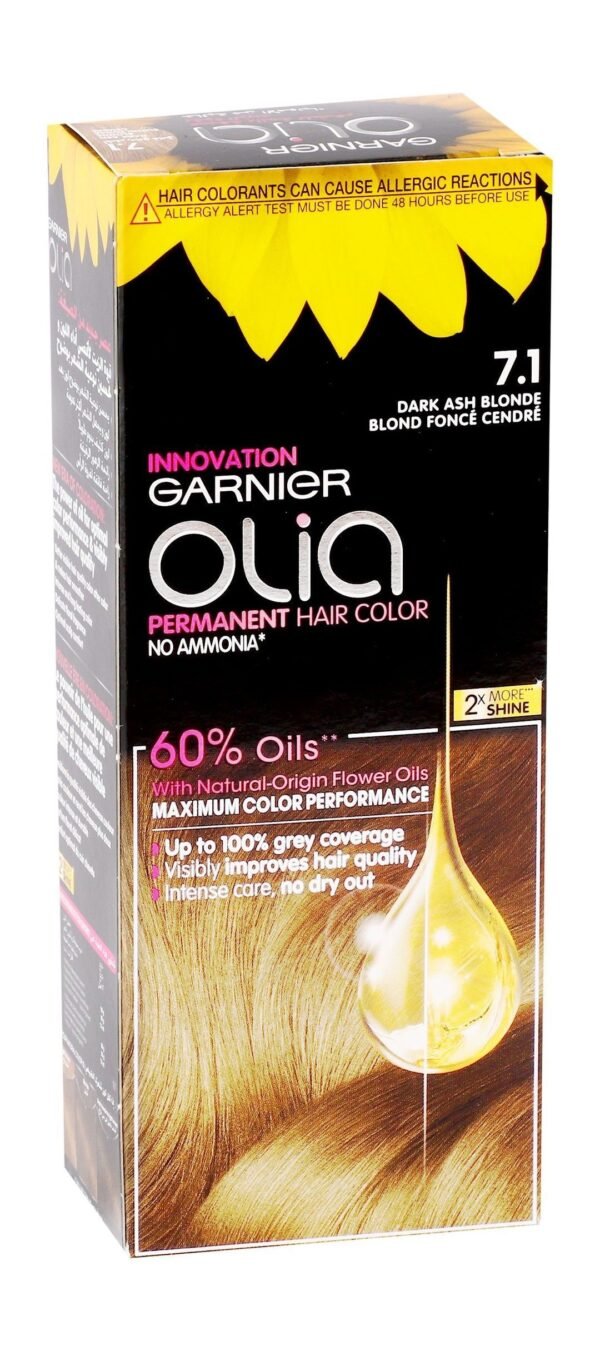 Garnier Olia Permanent Hair Color with Natural Flower Oils Dark Ash Blonde 7.1, 1 Pack