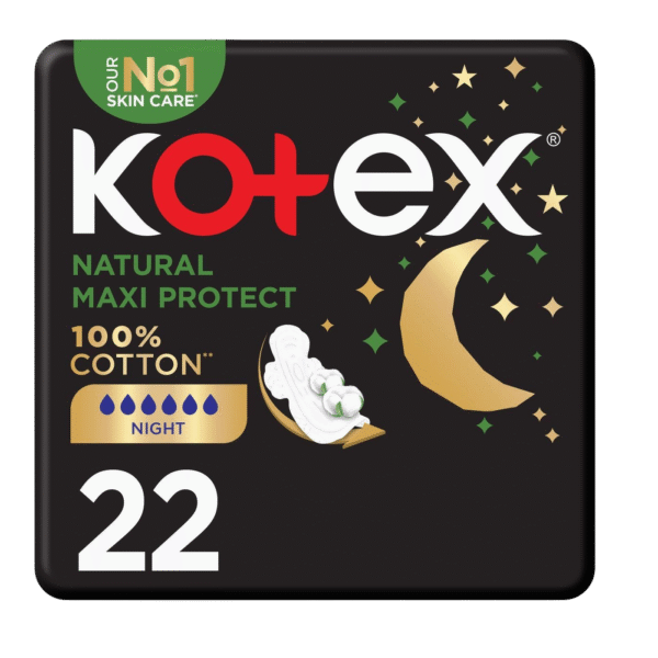 Kotex 100% Cotton Natural Maxi Overnight Sanitary Pads, 22 Pieces