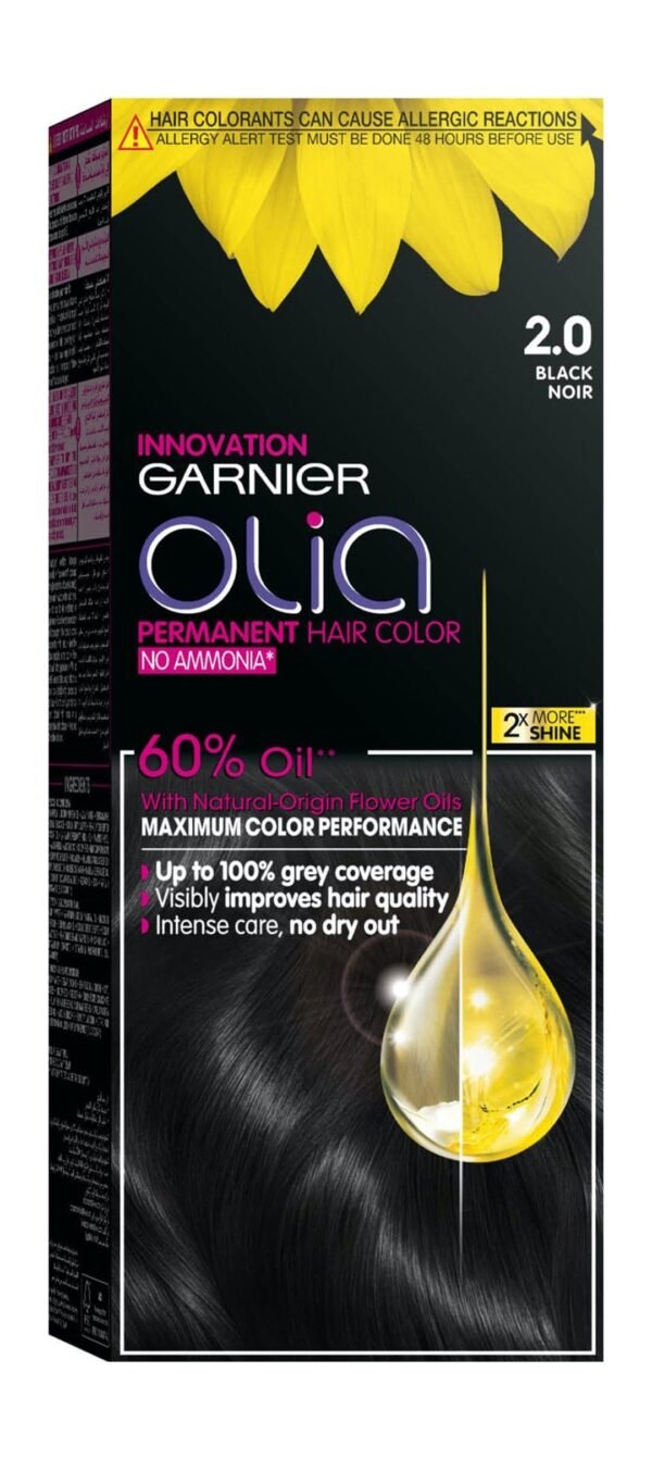 Garnier Olia Permanent Hair Color with Natural Flower Oils Black 2.0, 1 Pack