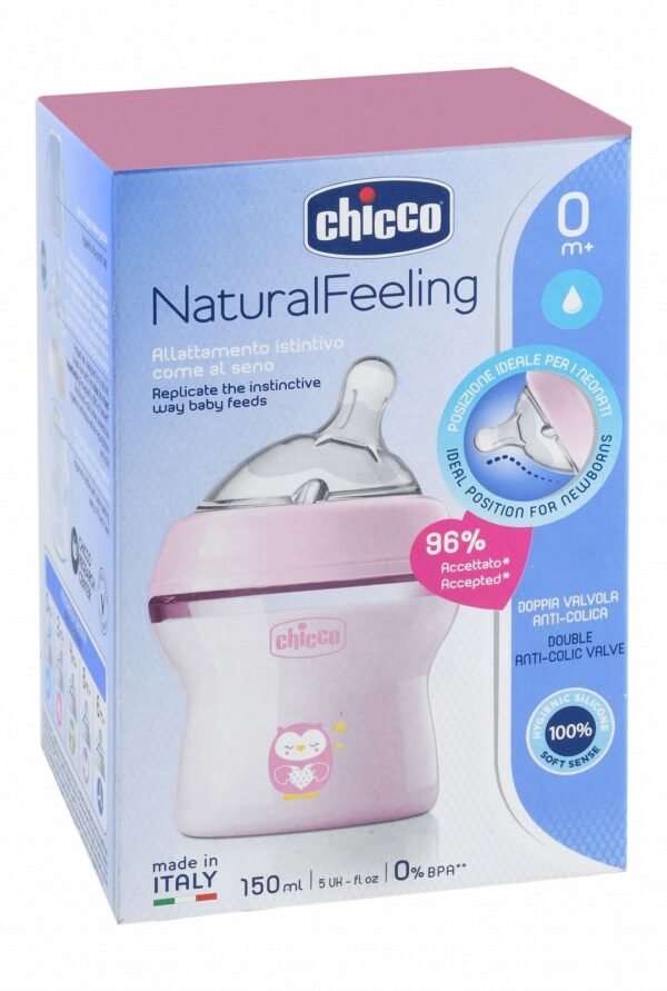 Chicco Natural Feeling Pink 150ml Anti-Colic Slow Flow Feeding Bottle with Silicone Teat (0+ Months), 1 Piece