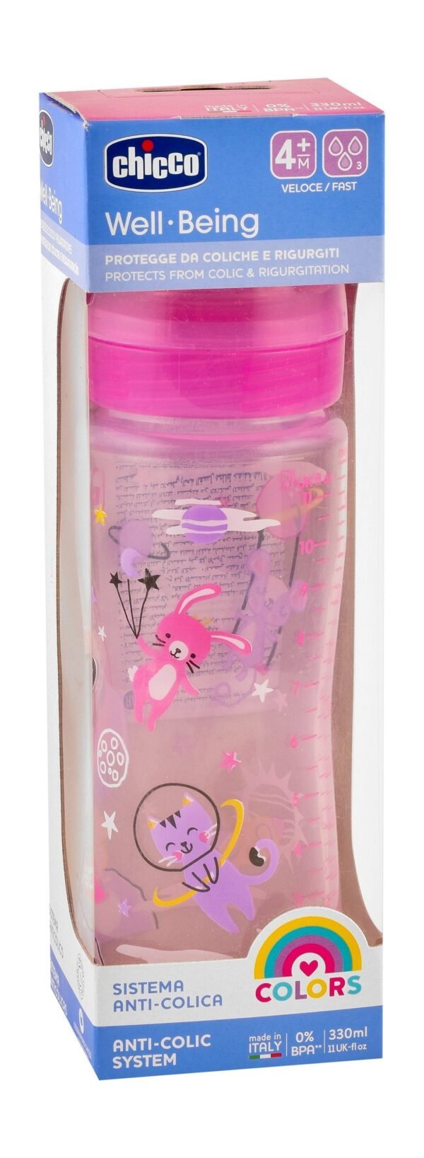 Chicco Well Being Pink 330ml Anti-Colic Fast Flow PP Nursing Bottle for 4+ Months, 1 Piece