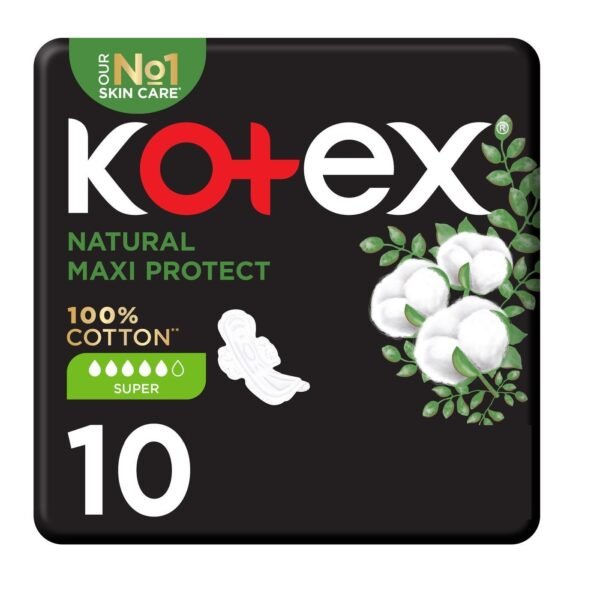 Kotex 100% Cotton Natural Maxi Super Size Sanitary Pads with Wings, 10 Pieces